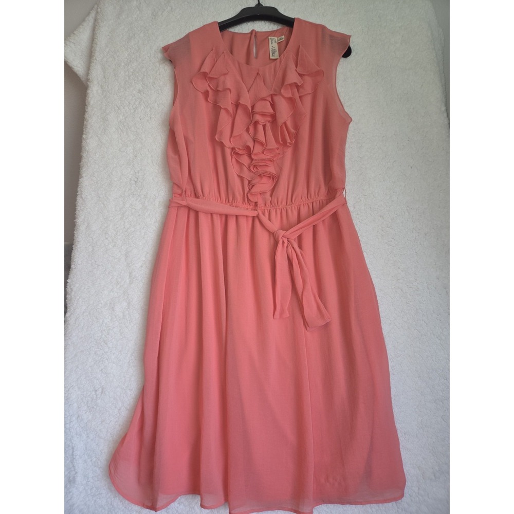 Emma & Michele Women's Size 16 Coral Pink Ruffle Chiffon Dress Belted Sleeveless